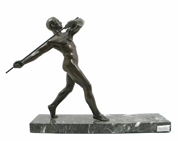 Appraisal: A French patinated-bronze figure of an athelete bears foundry seal