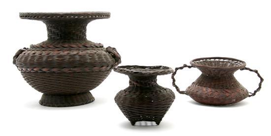 Appraisal: Group of Three Japanese Baskets all of smoked bamboo containing