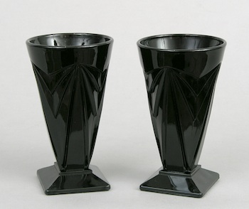 Appraisal: A Pair of Black Glass Art Deco Vases A pair