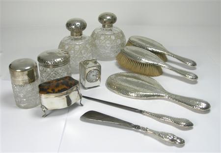 Appraisal: A matched part silver dressing table set various dates comprising