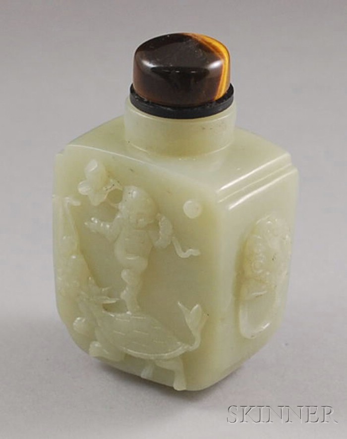 Appraisal: Carved Jade Footed Snuff Bottle carved figure of boy on