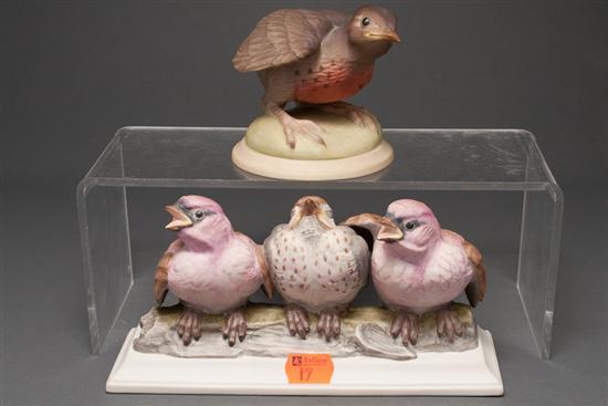 Appraisal: Two Boehm painted bisque bird groups Fledgling Purple Finches and