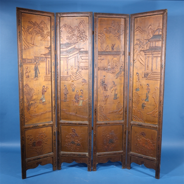 Appraisal: Antique Chinese lacquer four-panel screen as-is condition numerous chips flaws