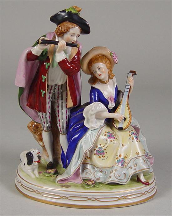 Appraisal: German Dresden Figure Circa Man and woman with dog at