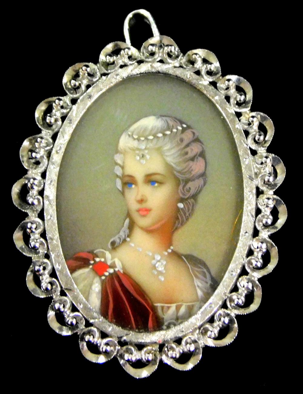 Appraisal: JEWELRY K MINIATURE PORTRAIT PIN PENDANT OVAL FRAME WITH BAIL