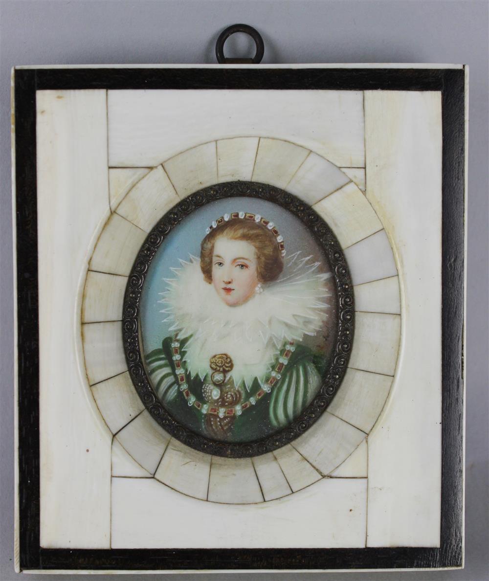 Appraisal: EUROPEAN SCHOOL MINIATURE OF AN ELIZABETHAN WOMAN Watercolor on ivory