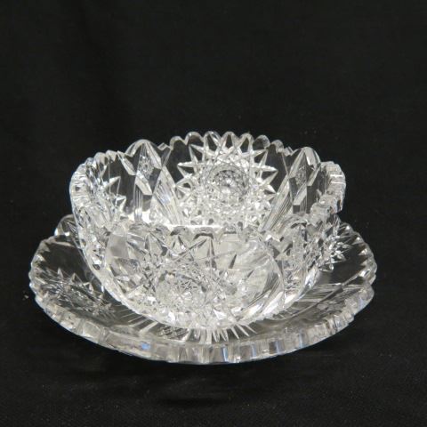 Appraisal: Cut Glass Mayonaisse Set raised hobstars diamond rays bowl with