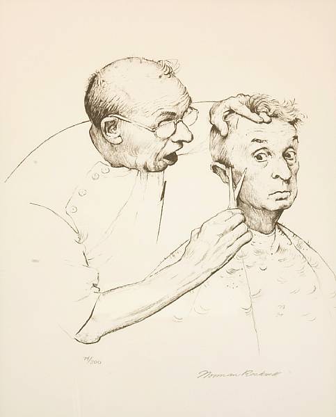 Appraisal: Norman Rockwell American - At the Barber Lithograph printed on