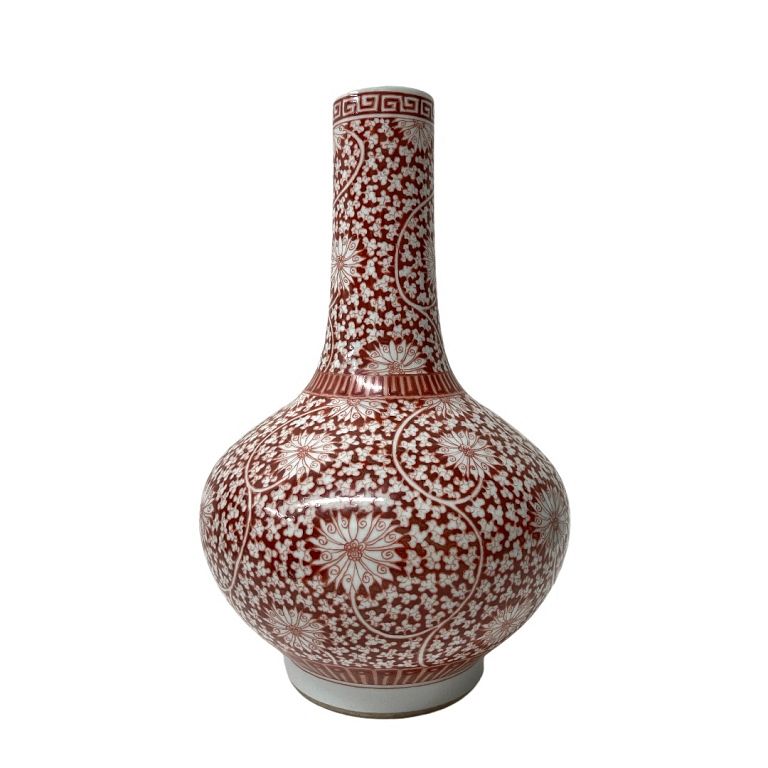 Appraisal: TIANQIUPING style vase Iron red and white floral long neck