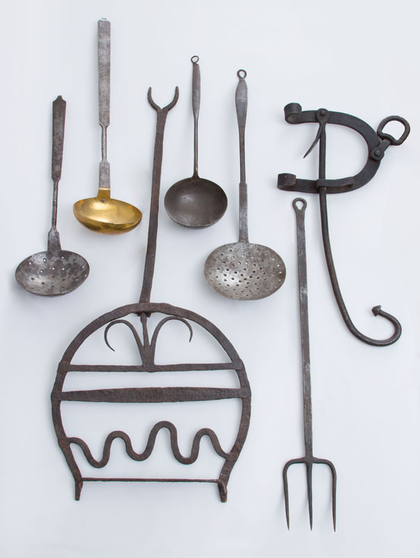 Appraisal: GROUP OF SEVEN WROUGHT-IRON IMPLEMENTS Comprising a wrought-iron standing broiler