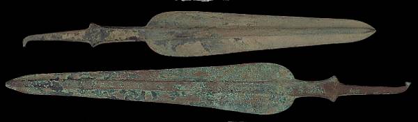 Appraisal: A lot of two large Bronze Age tanged spearheadsprobably Luristani