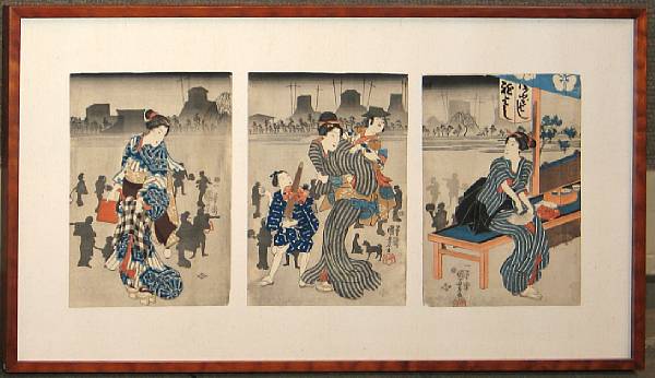 Appraisal: Utagawa Kuniyoshi - one oban tate-e triptych Showing colorfully dressed