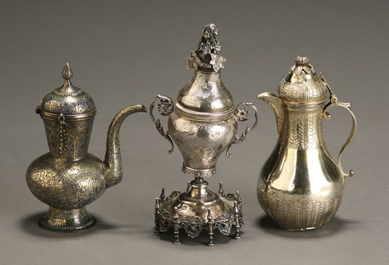 Appraisal: Turkish Silver Covered Urn and Two Silver Gilt Coffeepots Pre-