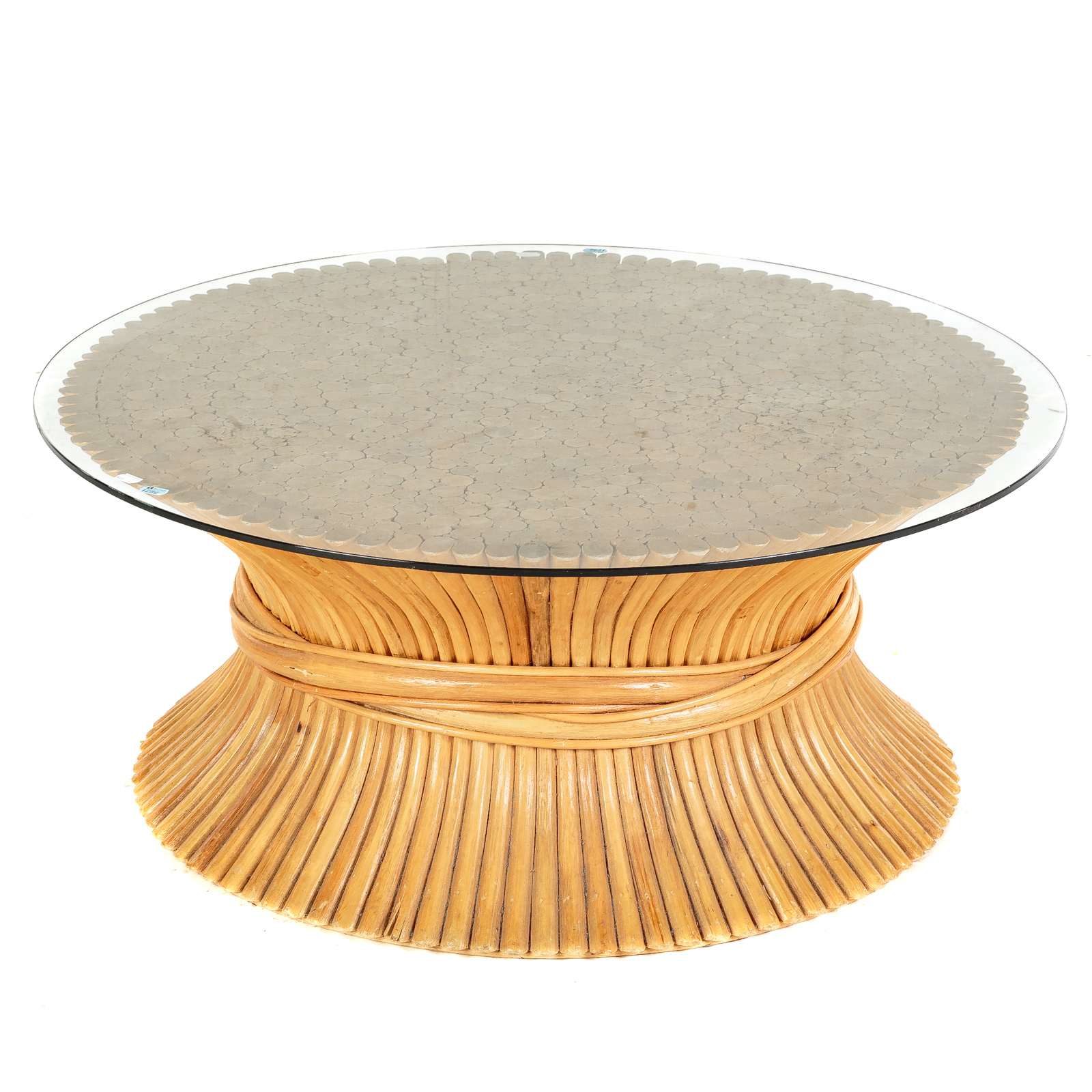 Appraisal: MCGUIRE CONTEMPORARY ROUND GLASS TOP COFFEE TABLE Rattan Sheaf of