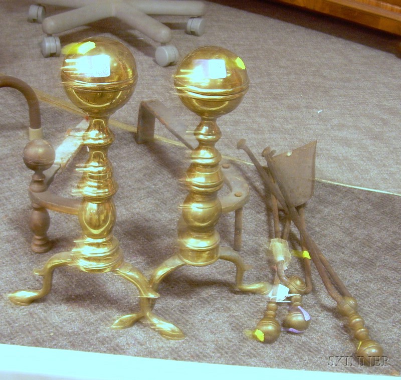 Appraisal: Pair of Brass Belted Ball-top Andirons a Brass Hearth Shovel