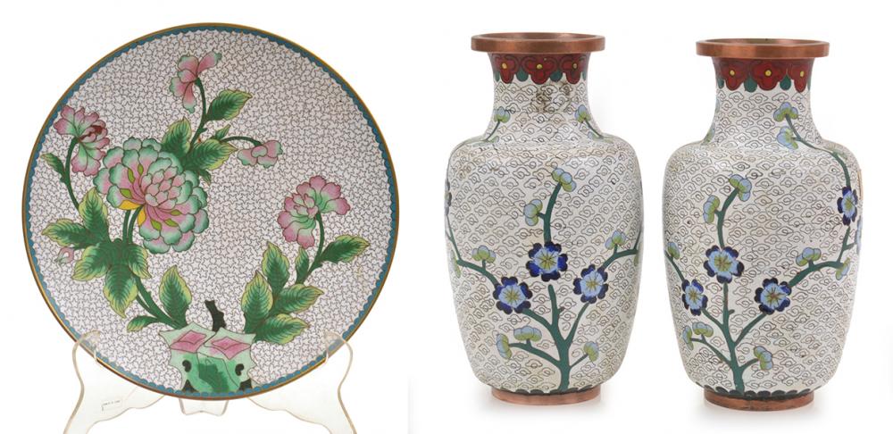 Appraisal: THREE PIECES OF JAPANESE CLOISONNE INCLUDING A PAIR OF VASES