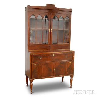 Appraisal: Federal Mahogany Veneer Glazed Desk Bookcase possibly Samuel Noyes Massachusetts