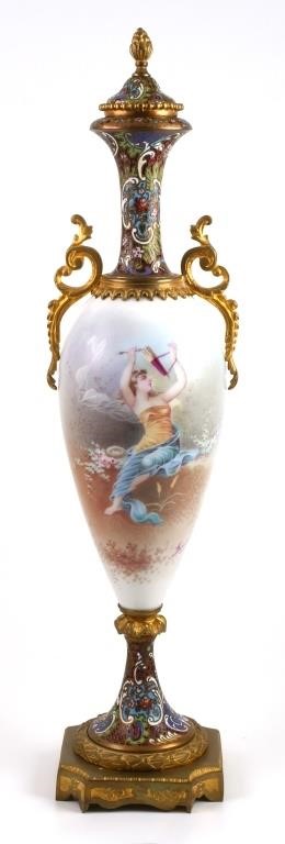 Appraisal: Champleve and gilt bronze fitted porcelain hand painted portrait vase