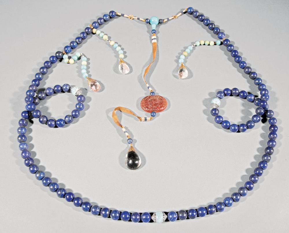 Appraisal: Chinese Lapis Lazuli Crystal and Hardstone Court Necklace probably early