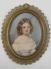 Appraisal: An oval hand printed miniature portrait of a young lady