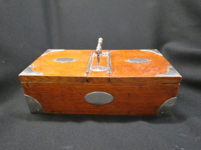 Appraisal: English Oak Box double hinged top with center handle silverplate