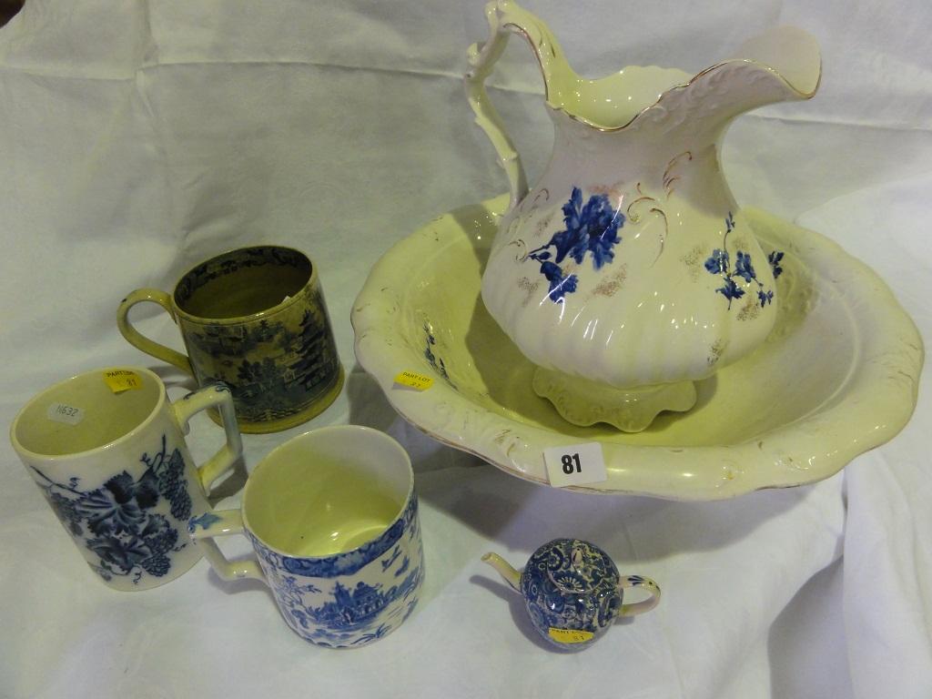 Appraisal: A th century jug and basin set with blue and