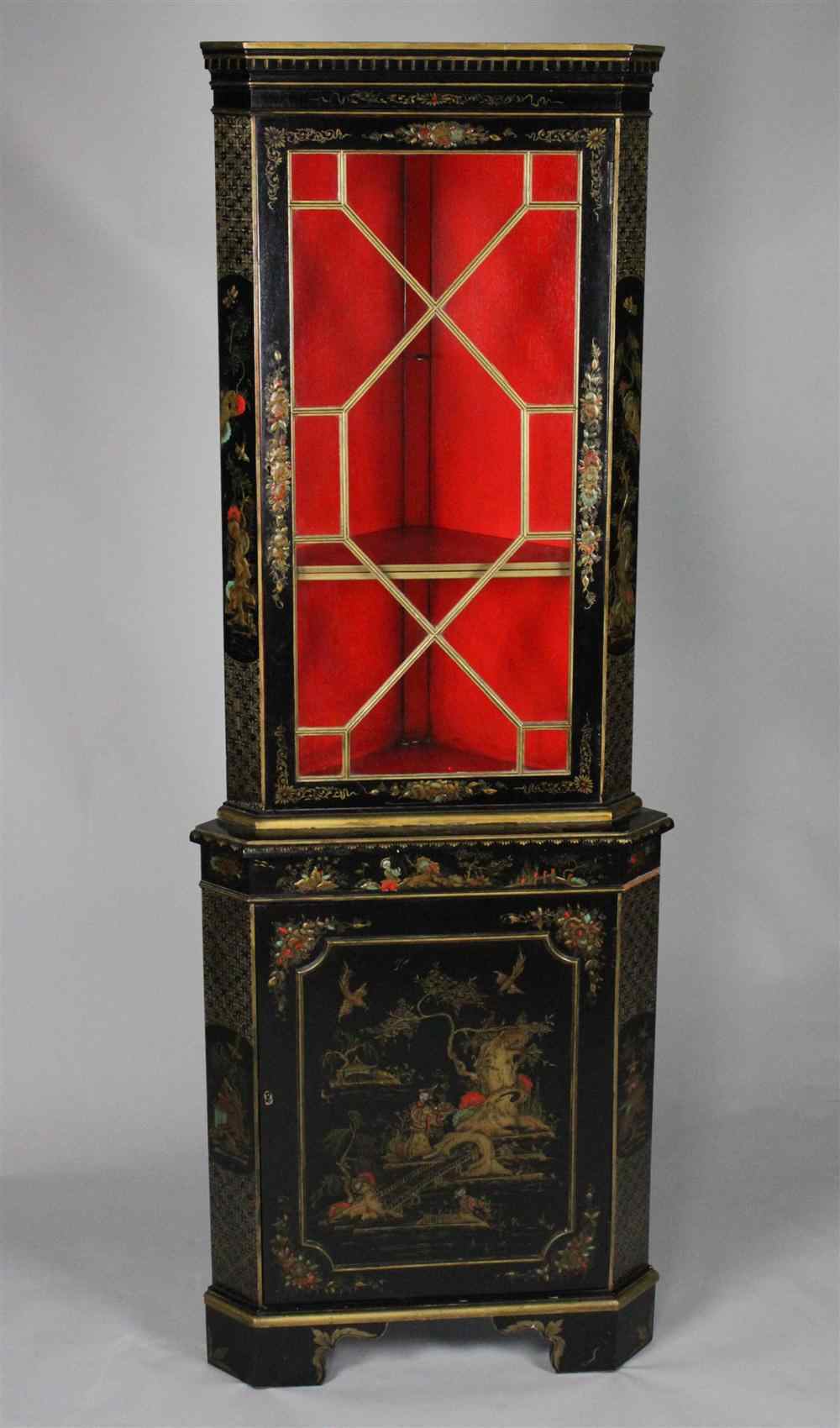 Appraisal: CHINOISERIE DECORATED BLACK CORNER CUPBOARD OF SMALL PROPORTIONS having a