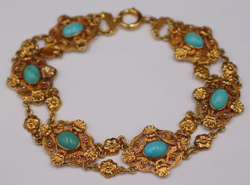 Appraisal: JEWELRY KT GOLD AND TURQUOISE FILIGREE BRACELET kt yellow gold