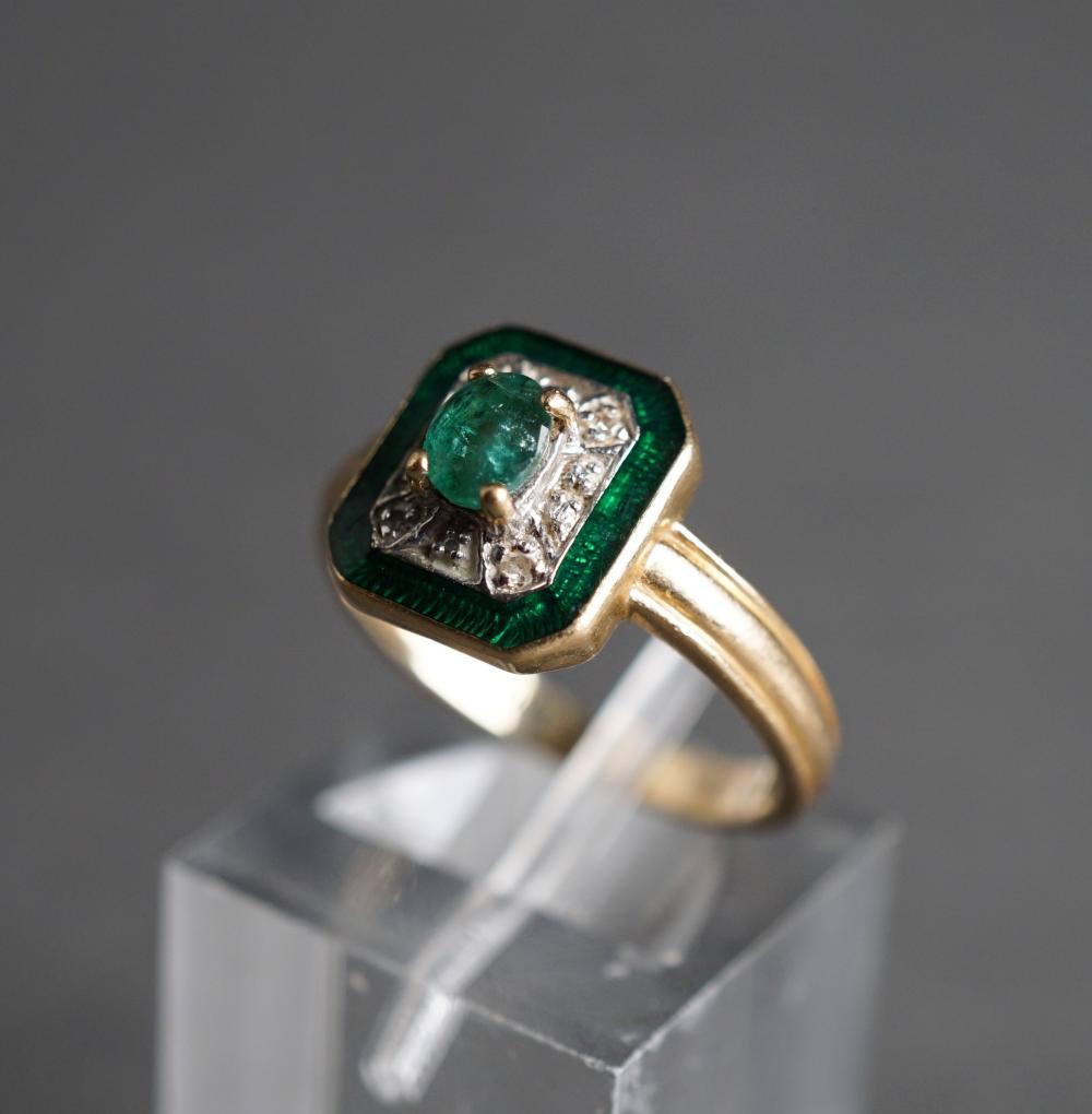 Appraisal: -KARAT YELLOW-GOLD EMERALD DIAMOND AND GREEN ENAMEL RING GROSS DWT