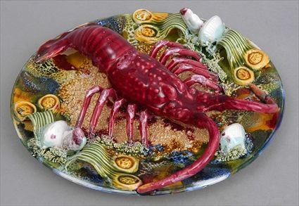 Appraisal: MAJOLICA LOBSTER PLATE Realistically rendered on sandy base surrounded by