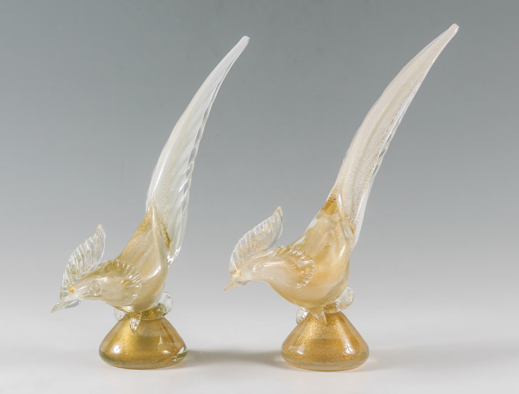 Appraisal: PAIR OF MURANO AVENTURINE GLASS BIRDS By J I Co