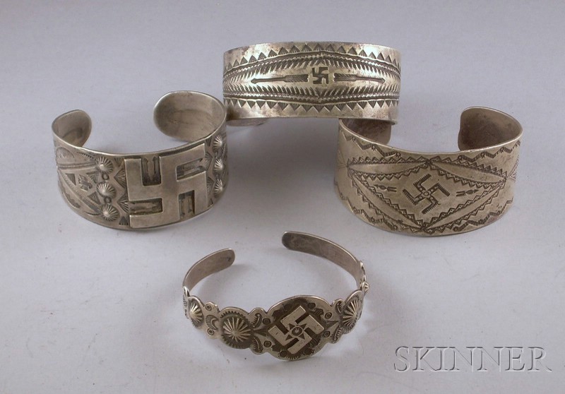 Appraisal: Four Navajo Silver Bracelets decorated with arrows birds etc