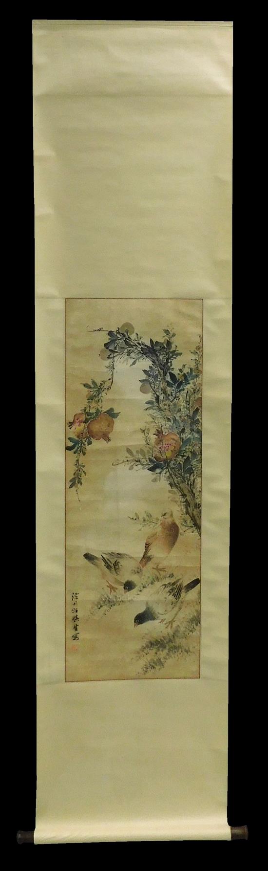 Appraisal: ASIAN th C watercolor scroll depicting three birds on flowering