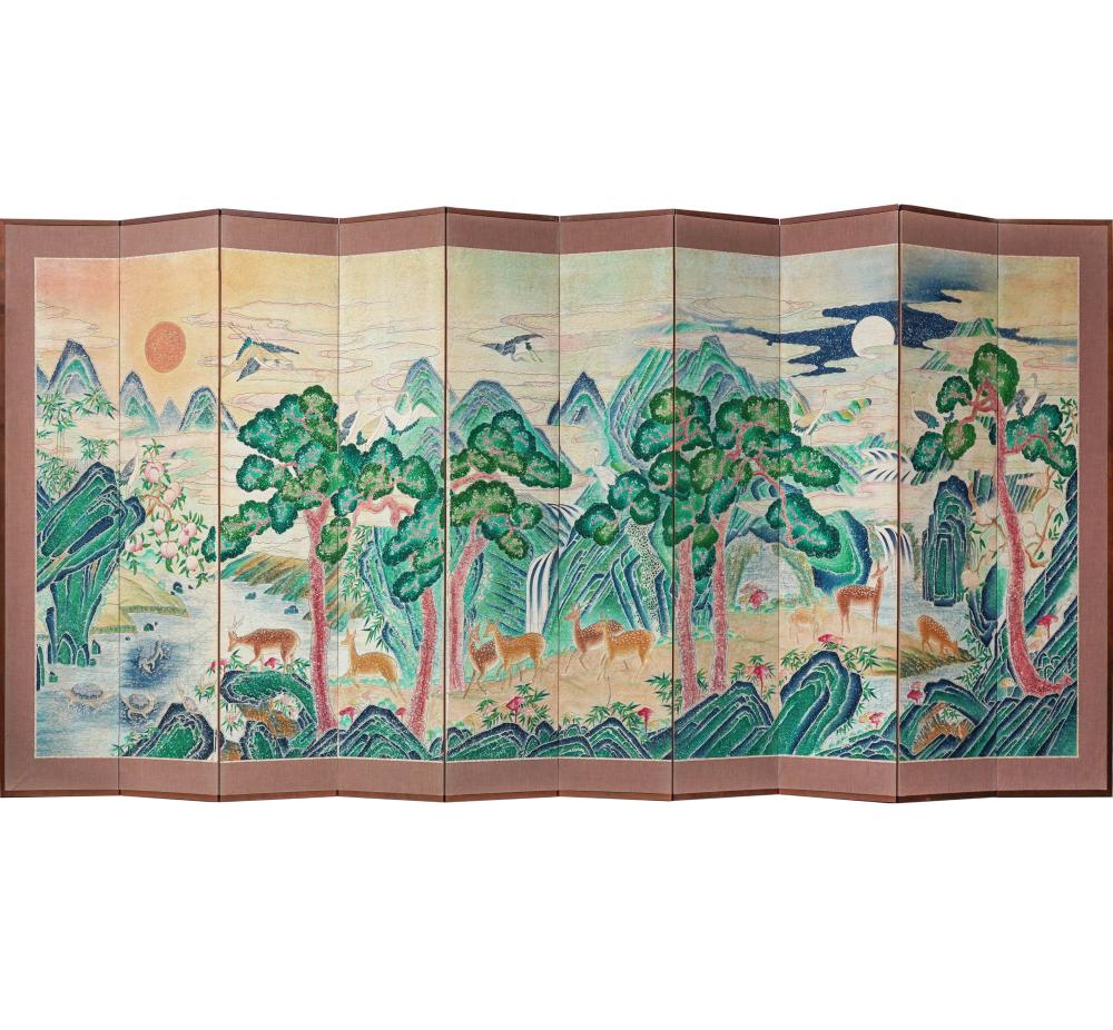 Appraisal: KOREAN LONG LIFE PAPER TEN-PANEL SCREENpainted paper laid to fabric