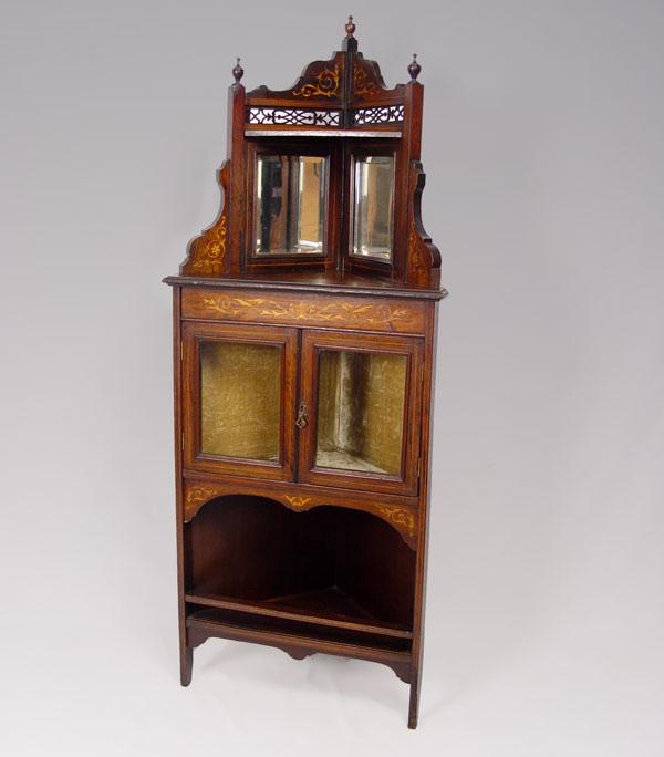 Appraisal: VICTORIAN INLAID CORNER VITRINE Elaborate vitrine with double glass doors