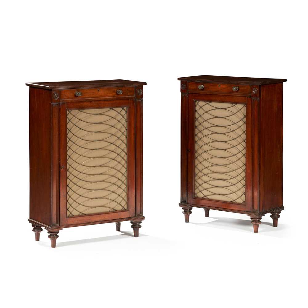 Appraisal: PAIR OF REGENCY MAHOGANY AND BRASS SMALL SIDE CABINETS EARLY