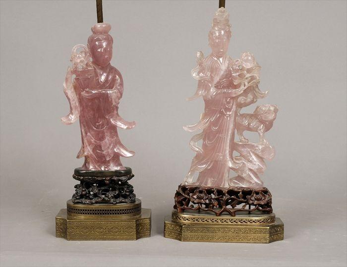 Appraisal: Two Chinese Carved Rose Quartz Figures Mounted as Lamps to