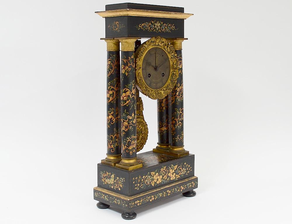 Appraisal: PAINTED AND LACQUERED PORTICO MANTEL CLOCK English th Century With