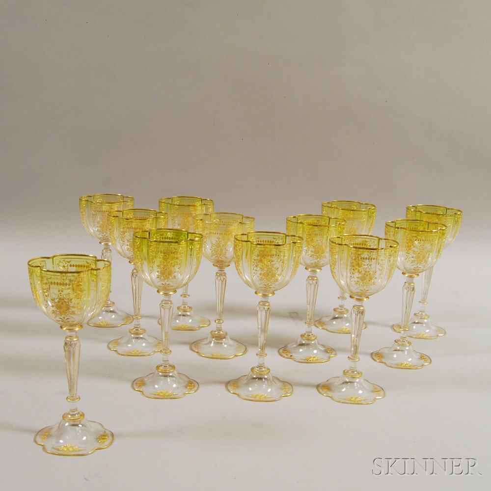 Appraisal: Set of Twelve Yellow Etched Wineglasses with gilt trim and