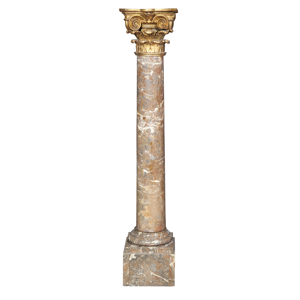 Appraisal: Marble and Giltwood Pedestal The shaped top above a Corinthian