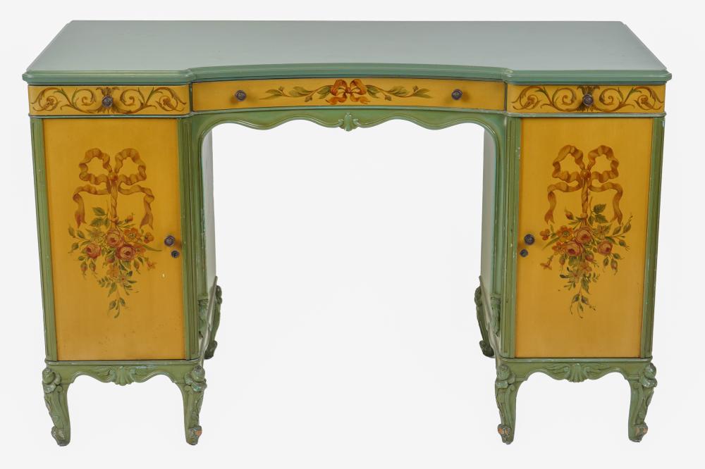 Appraisal: POLYCHROME-PAINTED DRESSING TABLEgreen and yellow with neoclassical style floral decorations