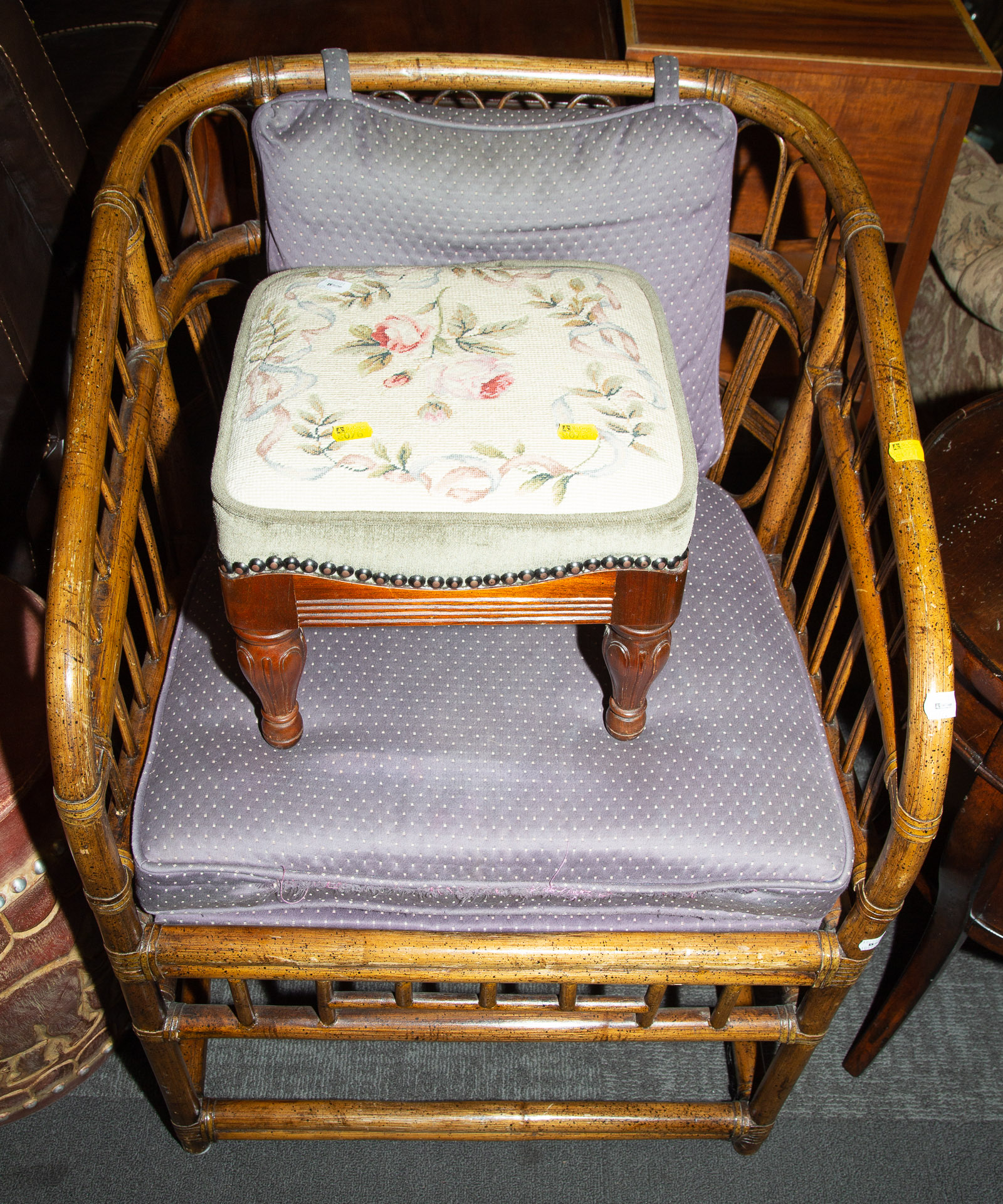 Appraisal: CHINESE LASHED RATTAN ARM CHAIR FOOTSTOOL Comprising an arm chair