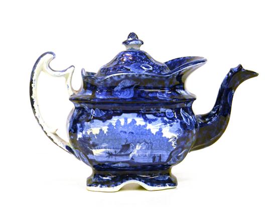 Appraisal: Staffordshire blue transfer-ware teapot ''Wadsworth Tower'' depicting sailboat and three