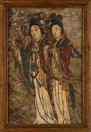 Appraisal: TWO CHINESE FRESCO TOMB FRAGMENTS The larger with female mourners