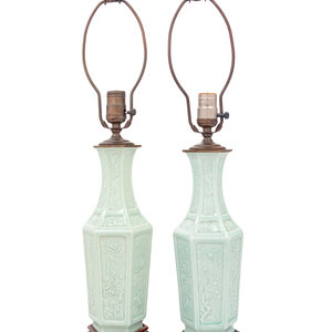 Appraisal: A Pair of Celadon Glazed Porcelain Vases Mounted as Lamps