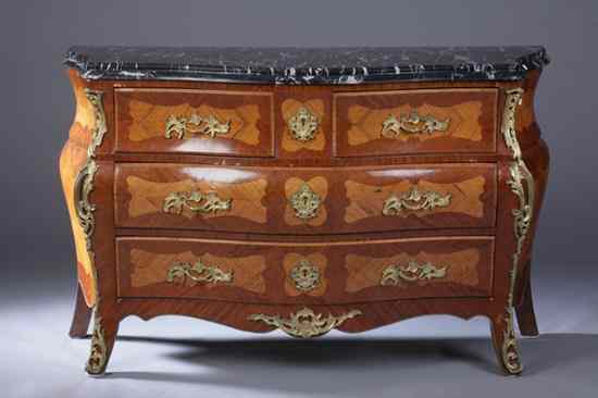 Appraisal: LOUIS XV STYLE GILT-BRONZE MOUNTED WALNUT MARBLE-TOP BOMBE COMMODE Molded-edge