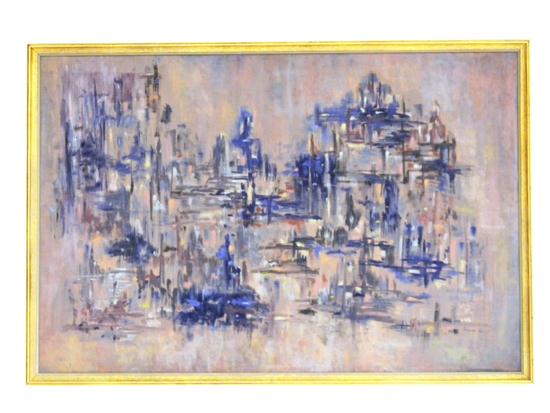 Appraisal: Greenstone oil on board abstract cityscape in violet and dark