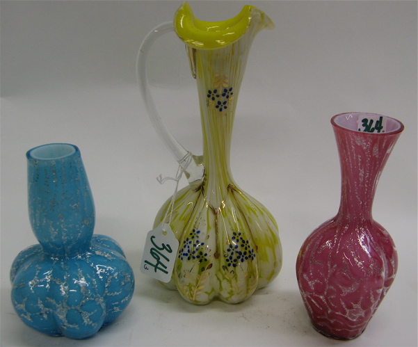 Appraisal: THREE ART GLASS VASES One in an ewer form enameled