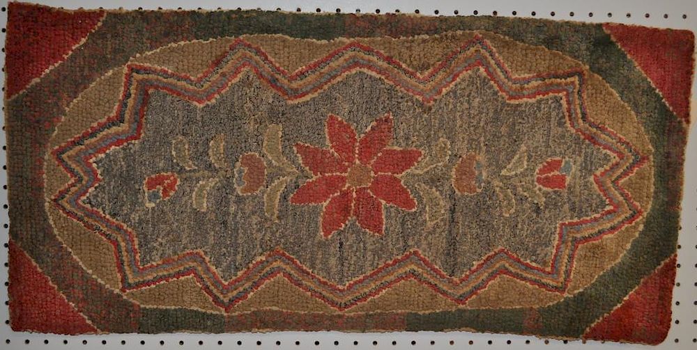 Appraisal: American Folk Art Floral Hooked Rug featuring red floral motif