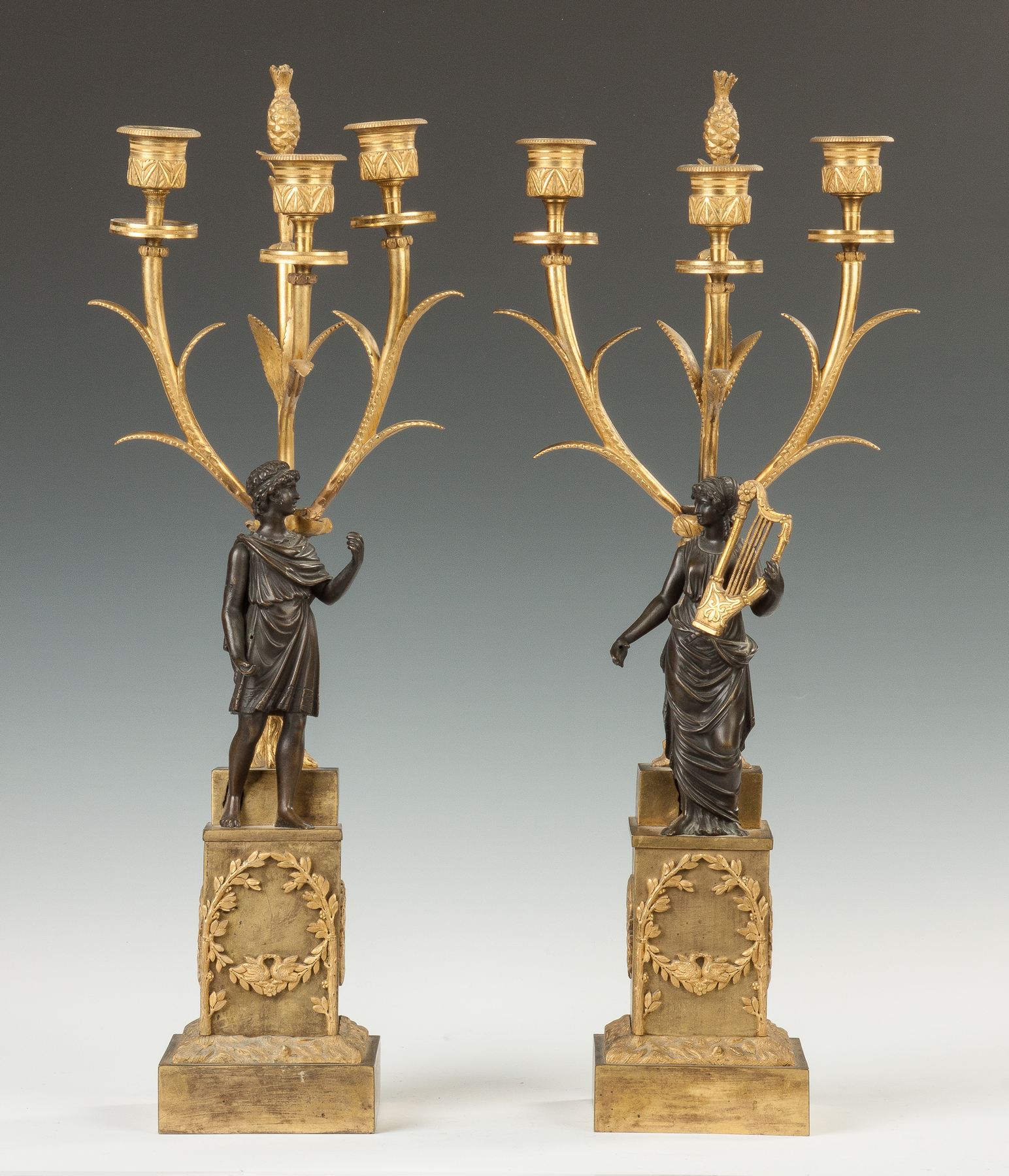 Appraisal: French Gilt Bronze and Bronze Classical Figure Candelabras th century